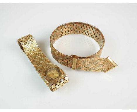 A 9ct gold bracelet and wristwatch suite, the bracelet designed as tri-coloured rose, yellow and white gold textured brick li