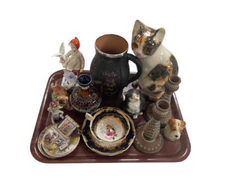 Tray lot with Winstanley cat, Doulton Slaters flagon, Worcester November figure, etc.
