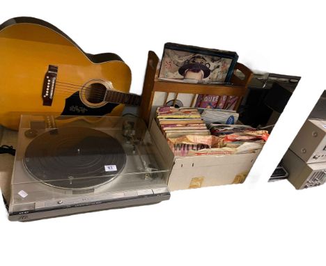 Sanyo Vinyl player, JUC radio, banjo, guitar, LP records, singles, etc.