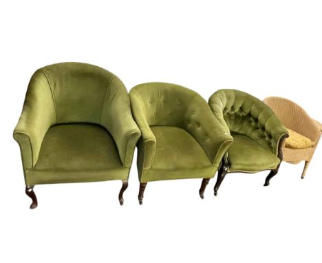 Three late 19th Century and early 20th Century occasional armchairs in green draylon, and Lloyd Loom bedroom chair and linen 