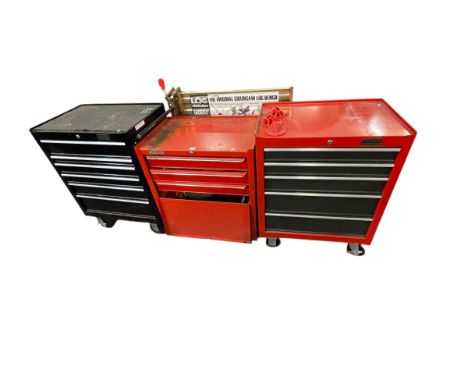 Three tool cabinets and contents and chainsaw log bench.