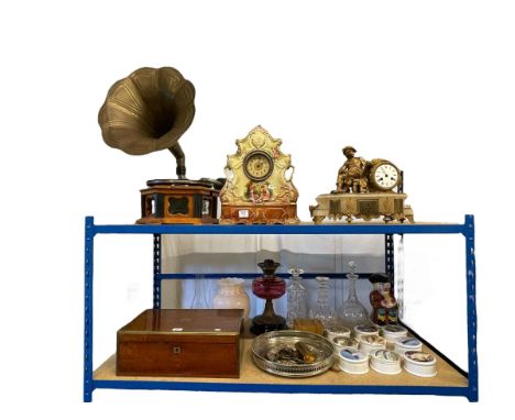 Victorian oil lamp, toby jug, metalwares, writing box, gramophone, two mantel clocks, etc.