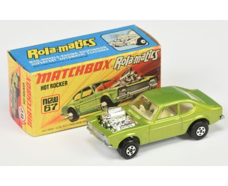 Matchbox Superfast Rola-matics 67b Ford Capri Hot Rocker - metallic lime body, ivory interior, chrome engine, 5-spoke wide wh