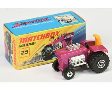 Matchbox Superfast 25b Mod Tractor - metallic candy pink body without cast rear lamps, dark yellow seat, matt black base, Mal