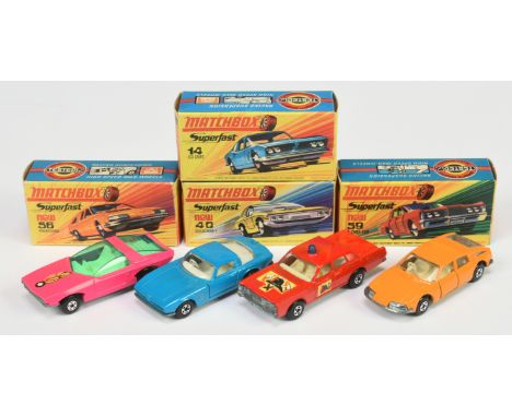 Matchbox Superfast group of Cars (1) 14a Iso Grifo - mid blue, white interior, bare metal base, 5-spoke wide wheels; (2) 40a 