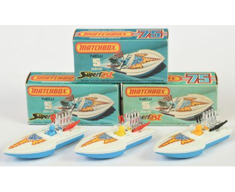 Matchbox Superfast 5b Seafire Power Boat group - all are white deck &amp; blue base (1) blue driver, red engine exhaust (2) d