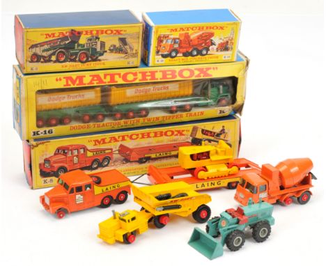 Matchbox King Size Group To Include K8 Prime Mover With Trailer and "Laing" Tractor, K13 ERF Cement Mixer "Readymix" - Orange