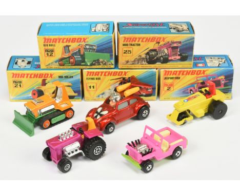 Matchbox Superfast group of early to mid 1970's issue models. (1) 2b Jeep Hot Rod - pink (2) 11b Flying Bug&nbsp; - heart sha