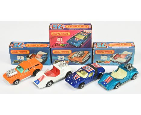 Matchbox Superfast  group (1) 55c Hellraiser - white body, clear windows, red interior, bare metal base; (2) similar - metall