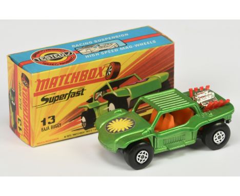 Matchbox Superfast 13b Baja Buggy - metallic darker green body with 13 x side vents, Sunburst hood label, orange interior, re