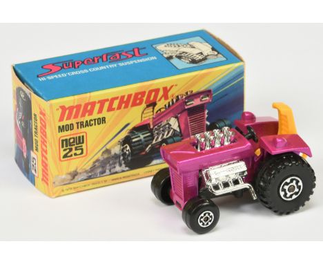 Matchbox Superfast 25b Mod Tractor - metallic candy pink body with cast rear lamps, dark yellow seat, matt black base, Maltes