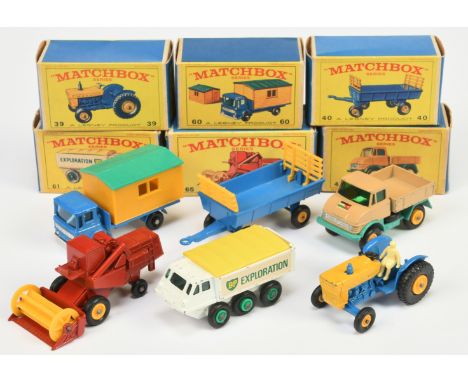 Matchbox Regular Wheels group (1) 39c Ford Tractor - blue body, yellow engine cover (2) 40c Hay Trailer (3) 49b Mercedes Unim