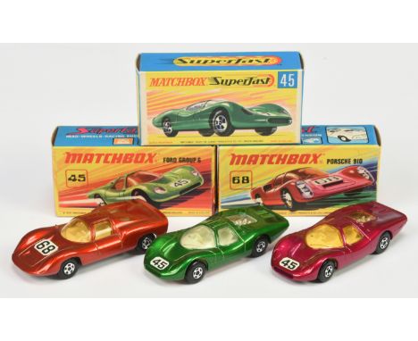 Matchbox Superfast group of Cars. (1)&nbsp; 45a Ford Group 6 - metallic green body with racing number 45 nose label, clear wi