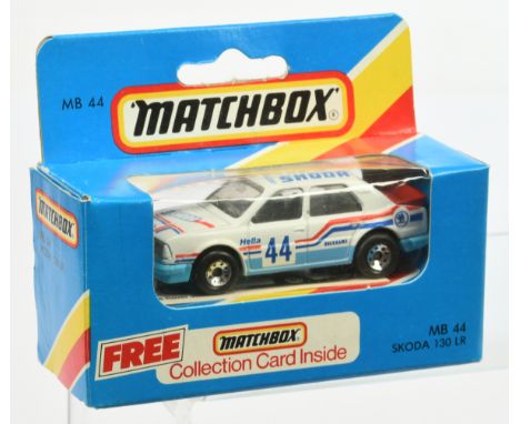 Matchbox Superfast MB44 Skoda 130 LR Rally Car - white body with blue & red racing number 44 tampo print which includes "Duck