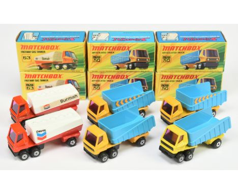 Matchbox Superfast Articulated Truck group (1) 50b yellow tractor unit with purple windows, mid blue trailer with chevron lab