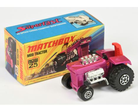 Matchbox Superfast 25b Mod Tractor - metallic candy pink body without cast rear lamps, red seat, matt black base, Maltese Cro