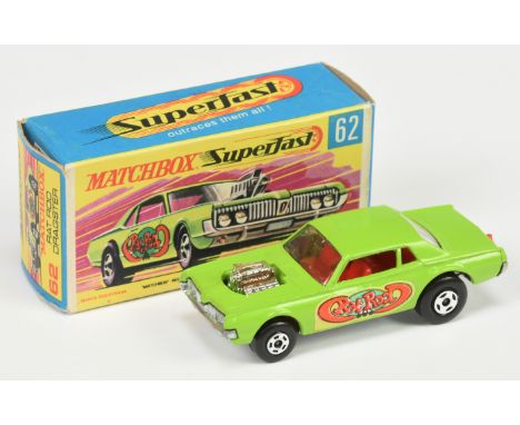 Matchbox Superfast 62b Mercury Cougar "Rat Rod" Dragster - lime green body, red interior and tow hook, chrome engine, side la