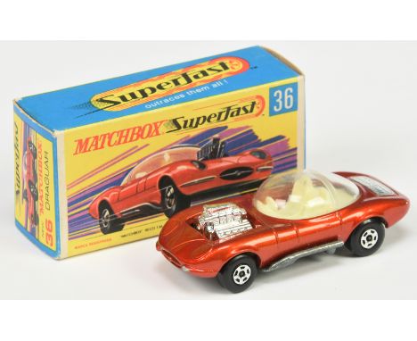 Matchbox Superfast 36b Hot Rod Draguar - metallic red body without engine braces but with rear "Draguar" foil trunk label, cl