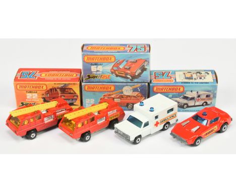 Matchbox Superfast group of Emergency Service vehicles. (1) 22c Blaze Buster Fire Engine bright red body, lemon yellow ladder