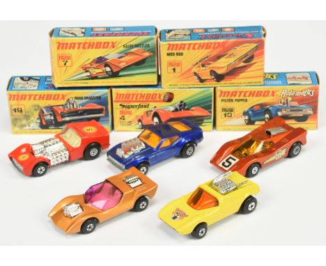 Matchbox Superfast group of early 1970's issue Cars. (1) 1b Mod Rod - lemon yellow body with wild cat cat hood label (2) 4b G