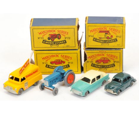Matchbox Regular Wheels Group Of 4 - (1) 42a Bedford "Evening News" Van - Yellow, (2) 43a Hillman Minx - Two-Tone Turquoise a
