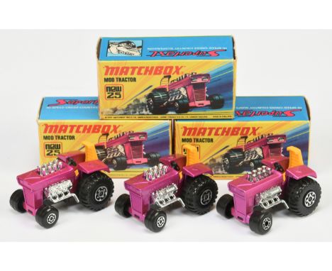 Matchbox Superfast 25b Mod Tractor group (1) metallic candy pink body without cast rear lamps, dark yellow seat, matt black b