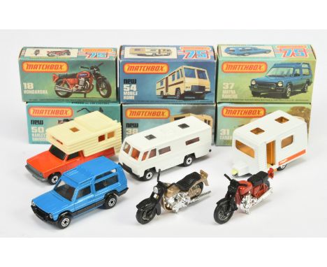 Matchbox Superfast group (1) 18b Honarora Motorcycle - dark red without label&nbsp; (2) 31c Caravan - White with dark yellow 