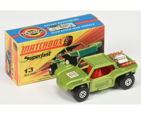 Matchbox Superfast 13b Baja Buggy - metallic lime green body with police shield hood label, red engine exhausts, RARE RED INT