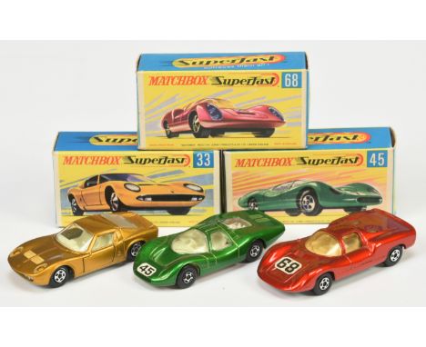 Matchbox Superfast group of Cars. (1) 33a Lamborghini Miura - Metallic gold body with low arches, bare metal base, hollow 5-S