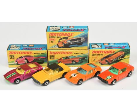 Matchbox Superfast group(1) 3b Monteverdi Hai - racing number 3 hood label, blue windows, ivory interior, bare metal base; (2