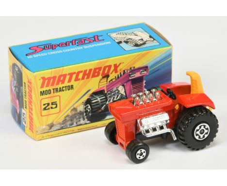 Matchbox Superfast 25b Mod Tractor - TWIN PACK ISSUE - red body, dark yellow seat, matt black base, 5 spoke front &amp; Maltt