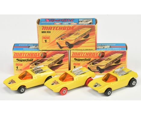 Matchbox Superfast 1b Mod Rod group - (1) yellow body with Wild Cat hood label, amber windows, chrome engine, red 4-spoke whe