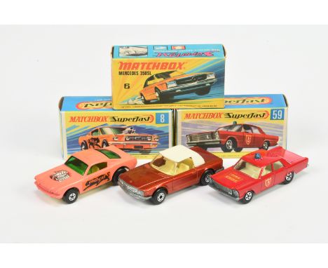 Matchbox Superfast group (1) 6b Mercedes 350SL - metallic crimson red body with white roof, clear windscreen, pale yellow int