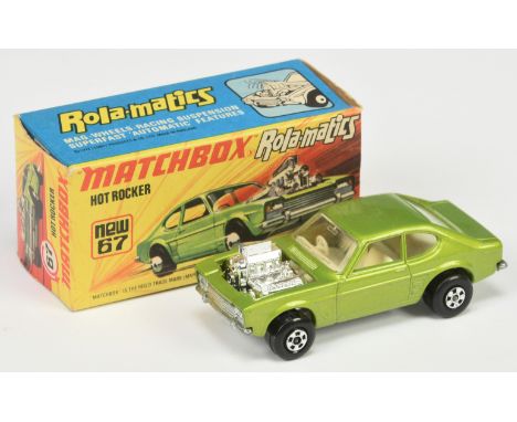 Matchbox Superfast Rola-matics 67b Ford Capri Hot Rocker - metallic lime body, ivory interior, chrome engine, 5-spoke wide wh