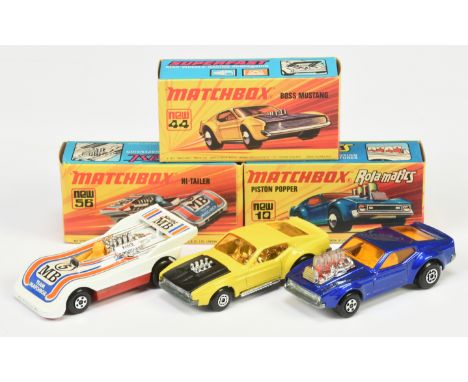 Matchbox Superfast group of early 1970's Cars (1) 10b Ford Mustang Piston Popper - metallic blue, dark amber windows, bare me