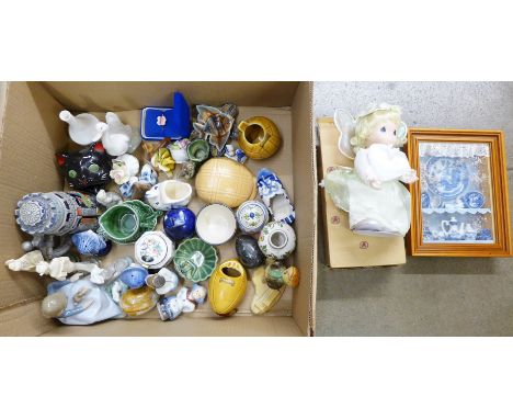 A box of mixed china including a Nao figure of a girl with rabbits 