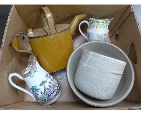 Two 19th Century jugs, a salt glaze jardiniere, a planter and a metal watering can 