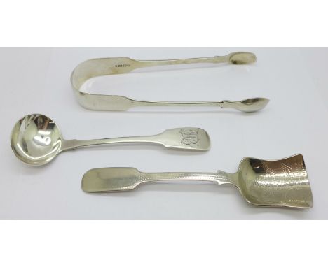 A silver sauce ladle, Exeter 1830, John Osment, 14g, a pair of Georgian silver sugar bows with Exeter mark, 42g, and a caddy 