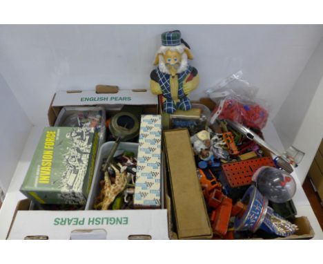 A collection of toys including Britains animals, die-cast, tin-plate and plastic vehicles, Wombles, etc., (empty Scalextric b