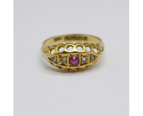 An 18ct gold, ruby and diamond ring, 2.2g, N 