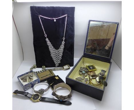 Jewellery including a silver ring and a pendant on chain, a heavy rope style bangle, one other bangle, Scottish brooches, wri