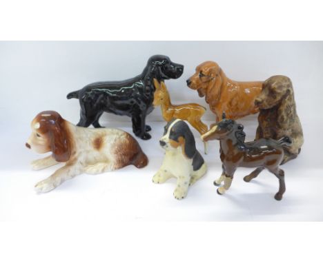 A black Beswick Spaniel, a brown Royal Doulton Spaniel, three other models of dogs, one a/f, a Goebel fawn and a Beswick foal