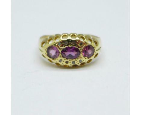 An 18ct gold, amethyst and diamond ring, Chester 1909, 2.4g, P, a/f 