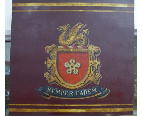 A 19th Century carriage panel with the coat of arms for the City of Leicester on a claret ground and gilt with crest and mott