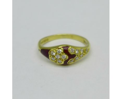 An 18ct gold, red enamel and diamond rose ring, 3.3g, L 