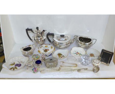 A silver plated tea service, plated jug, other silver plated items including sugar bows, a spoon, a cruet set, two glass pape