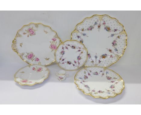 Three Royal Crown Derby Royal Antoinette wavy edge plates, Royal Pinxton Roses cake plate, side plate and miniature loving cu