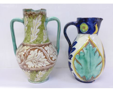 A c1900 Della Robbia two handled vase, lacking base, and a jug, both a/f, jug 22.5cm 