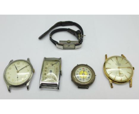 Five wristwatch, Rodania, Rotary, tank shape Roamer Standard, a/f, and two others a/f 