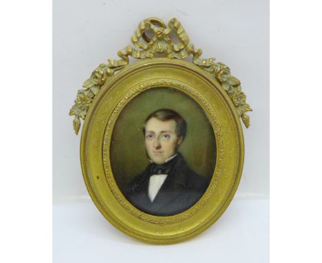 A 19th Century gilt framed oval portrait miniature of a young gentleman, by Marie de Boie, signed, portrait 59mm x 73mm, fram
